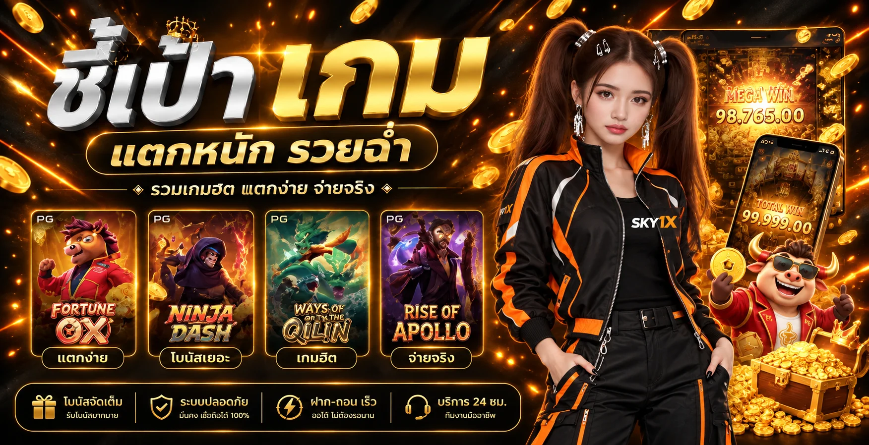แบนเนอร์ สล็อตออนไลน์ SKY1X โทนดำส้ม